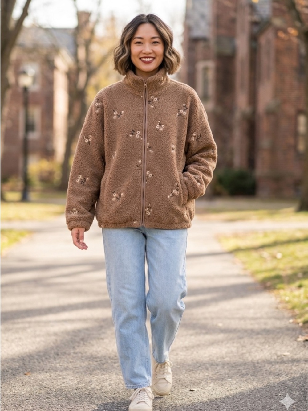 🐻 Cozy Floral Embroidered Teddy Jacket - Brown